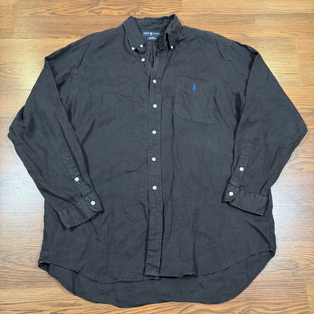 Vintage Ralph Lauren Blaire Shirt Mens XL Black Blue Pony Linen Button Down